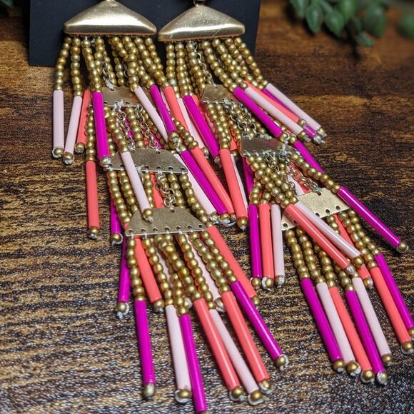 NWT Rebecca Minkoff Beaded Fringe Statement Drop Earrings Pink Women's Size OS - Picture 3 of 6